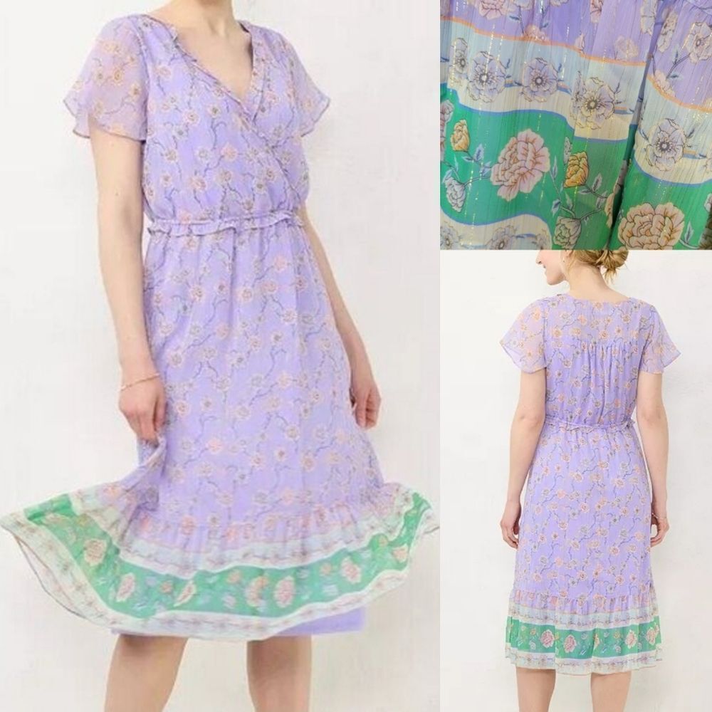 NEW 1X STRETCH FLORAL WRAP PURPLE GREEN GOLD FLIRTY MIDI DRESS LAUREN CONRAD NWT